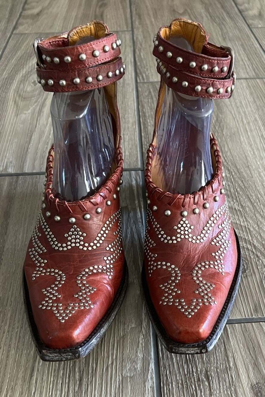 Old Gringo Red Evangelina Double Strap Ankle Buckle Bootie Metal Studs sz 7.5